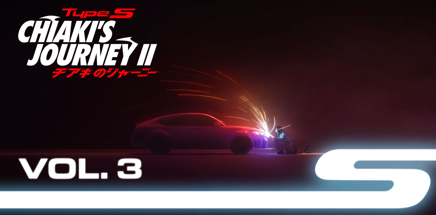 Side extreme wide view, anime rendering of a character welding the front of a Type S. Sparks fly everywhere.